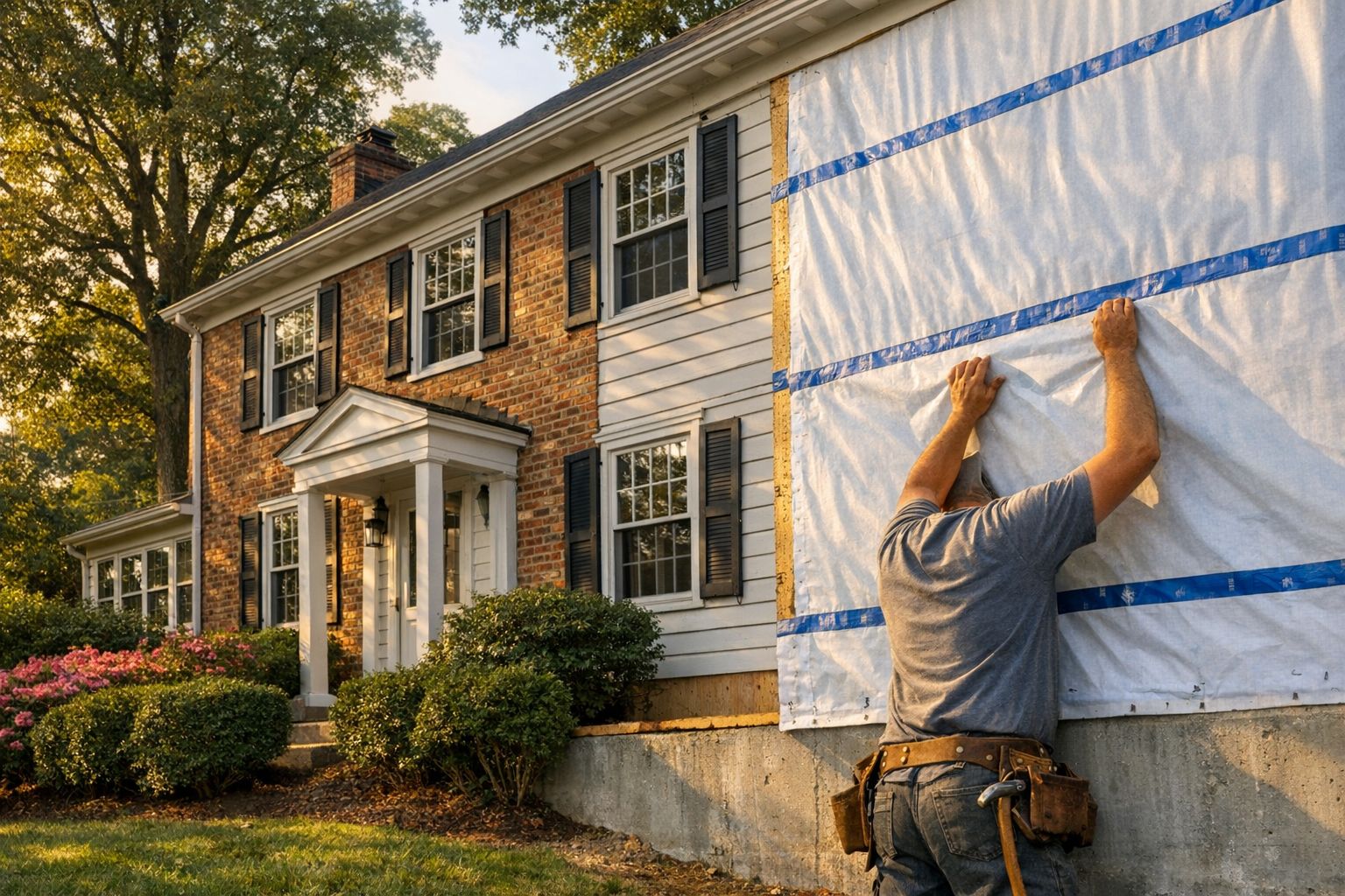 Installer smoothing new house wrap over the sheathing of a brick-and-siding colonial in Silver Spring, MD before new siding goes on