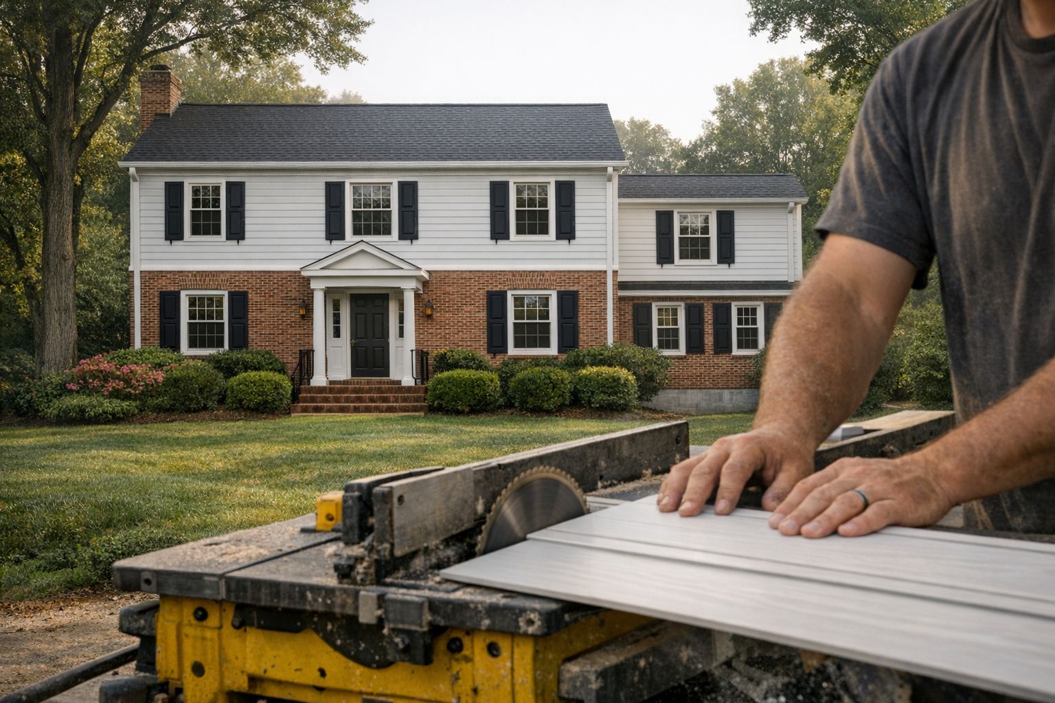 Brick-and-siding center-hall colonial in Silver Spring, MD with freshly installed siding, white trim and black shutters, a siding panel on the saw in the foreground