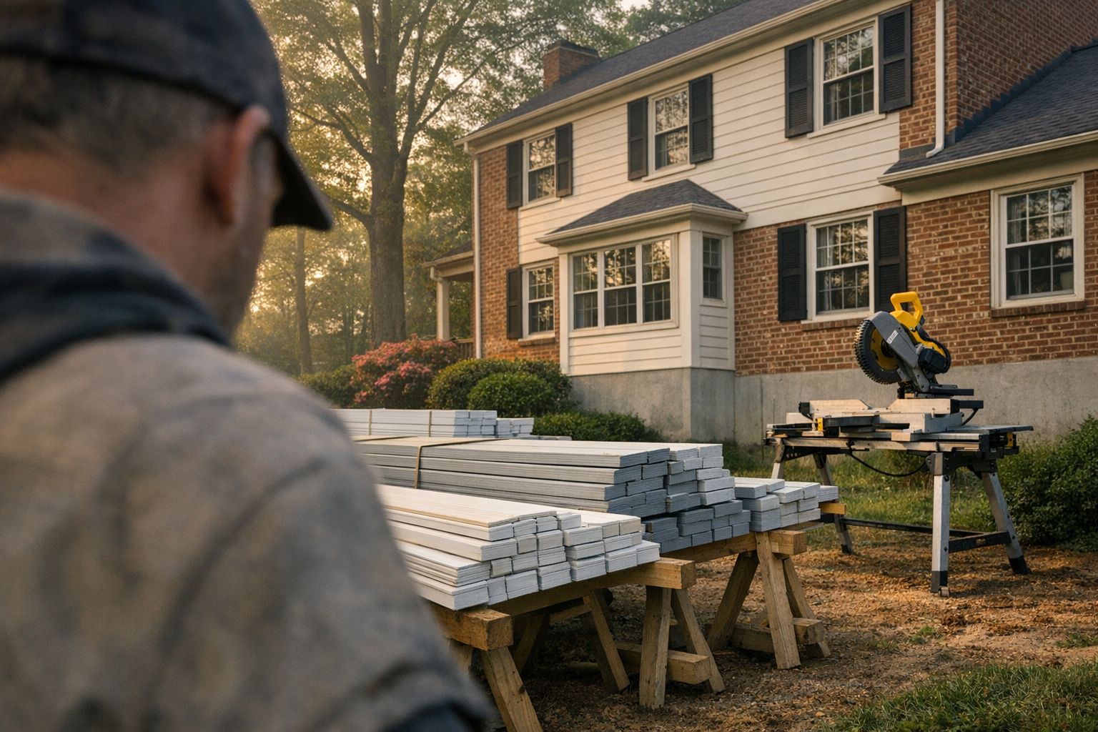 New siding panels and trim stock staged on sawhorses beside a miter saw at a Silver Spring, MD colonial job site