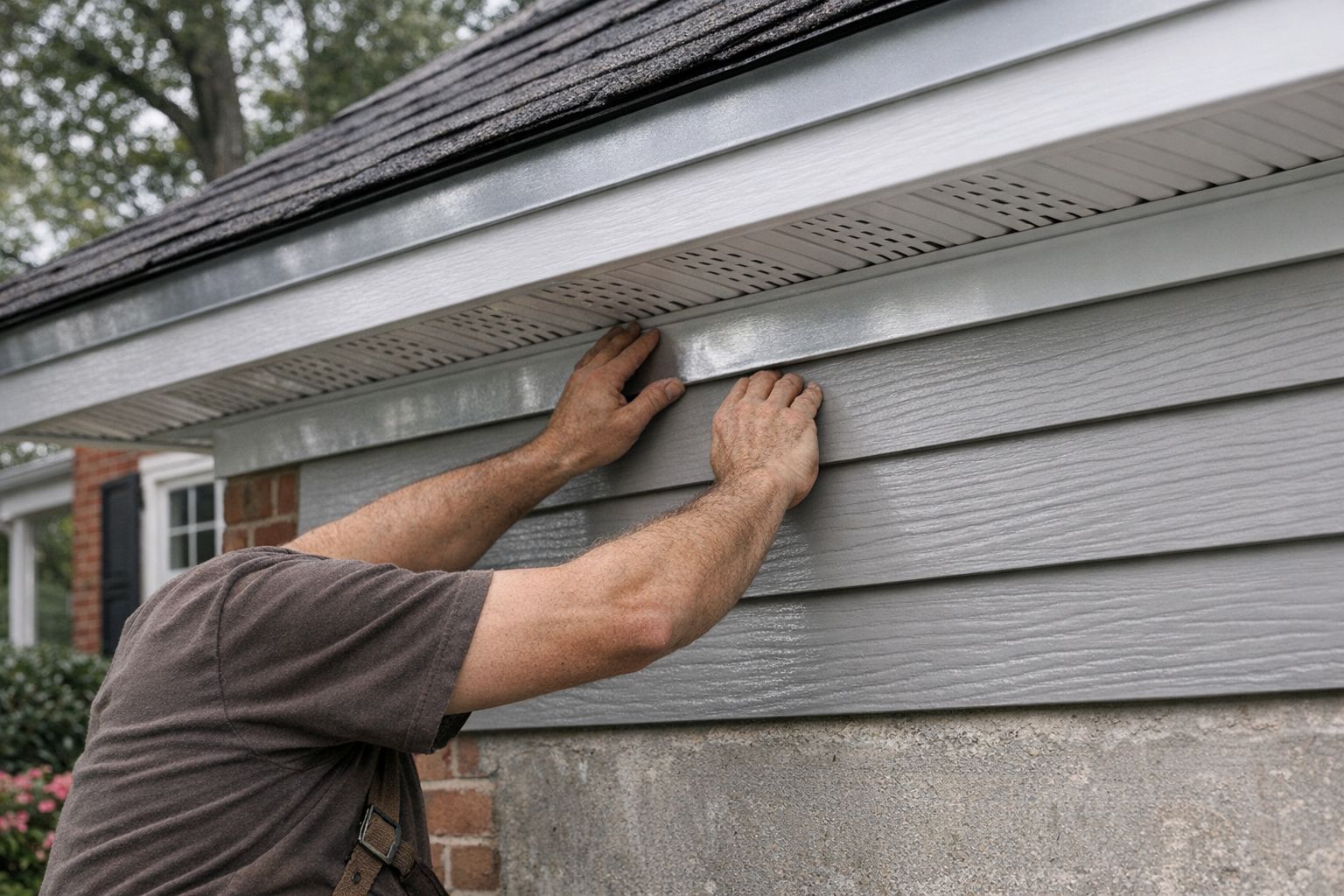 Installer pressing a new lap siding course into place beneath vented soffit and wrapped fascia on a Silver Spring, MD home