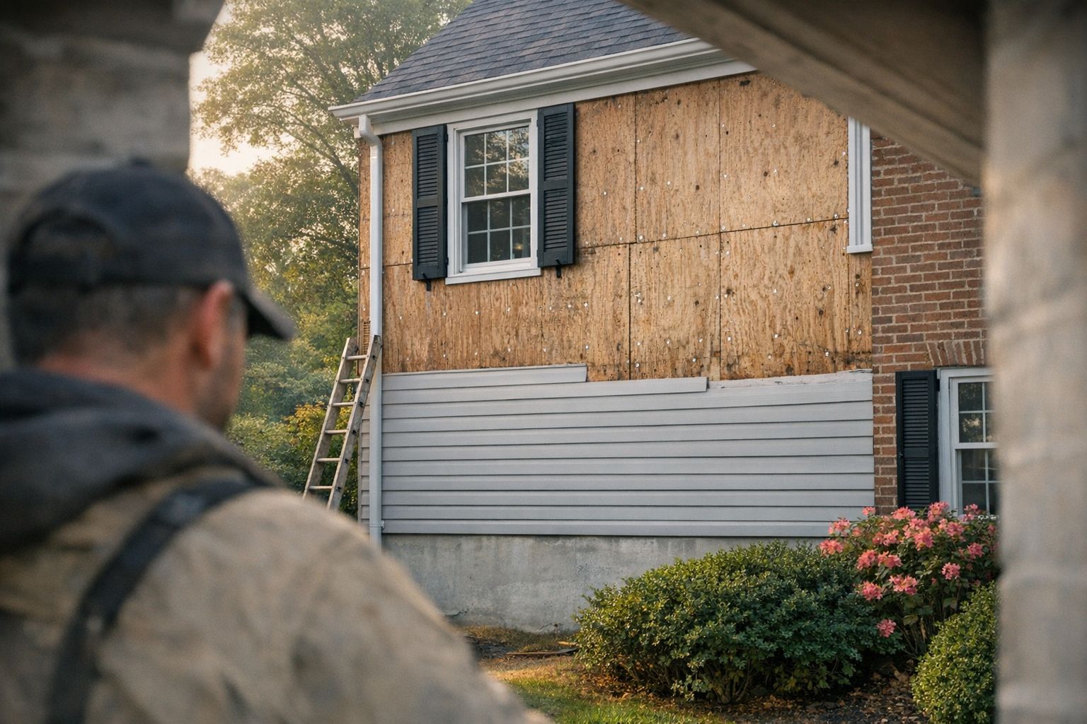 Exterior wall of a Silver Spring, MD home partway through re-siding — new lap siding below, bare sheathing above