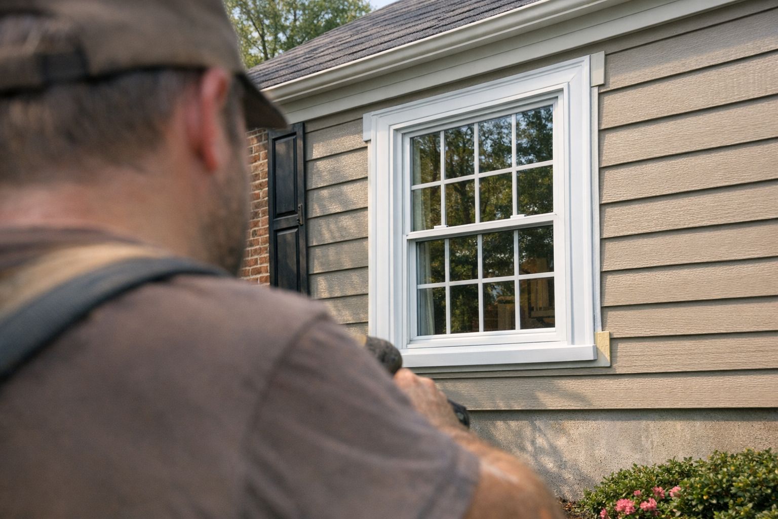 Double-hung window with grilles framed in new trim and lap siding on a Silver Spring, MD home